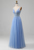 Load image into Gallery viewer, Light Blue A-Line V Neck Tulle Prom Dress With Appliques
