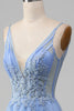 Load image into Gallery viewer, Light Blue A-Line V Neck Tulle Prom Dress With Appliques
