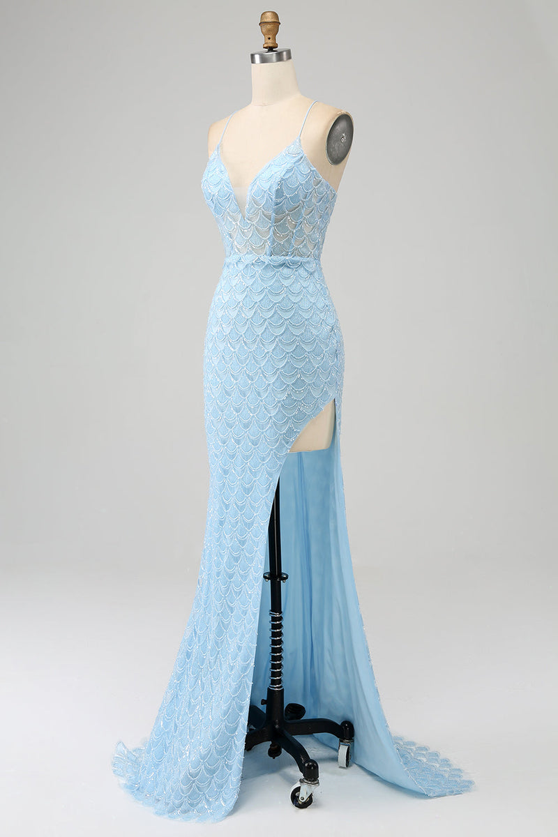 Load image into Gallery viewer, Glitter Sky Blue Spaghetti Straps Mermaid Prom Dress with Slit