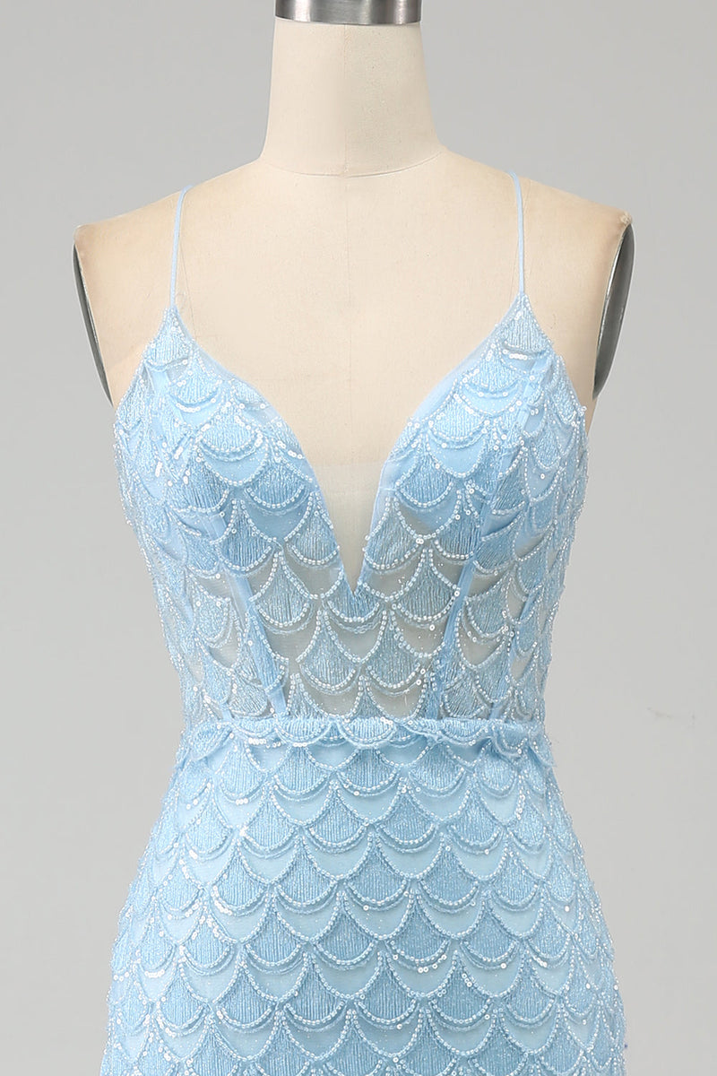Load image into Gallery viewer, Glitter Sky Blue Spaghetti Straps Mermaid Prom Dress with Slit