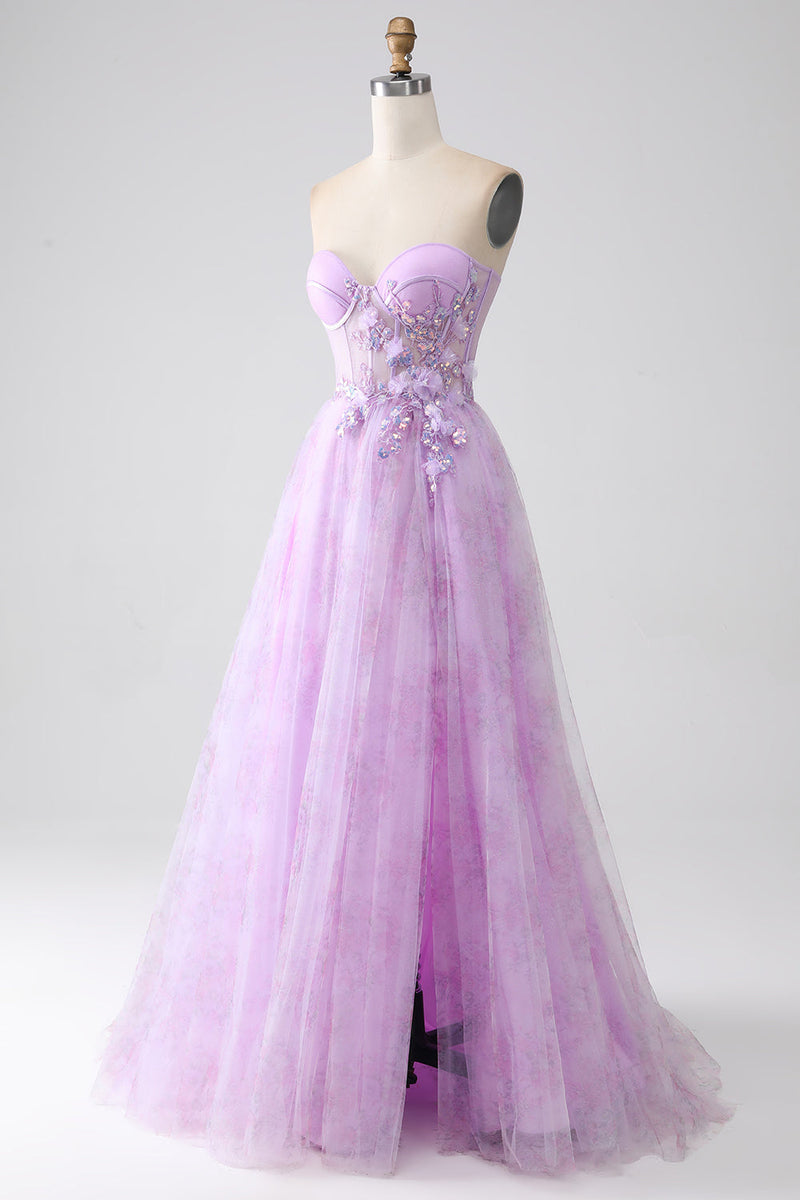 Load image into Gallery viewer, Lavender Printed Strapless Corset Prom Dress with Beading
