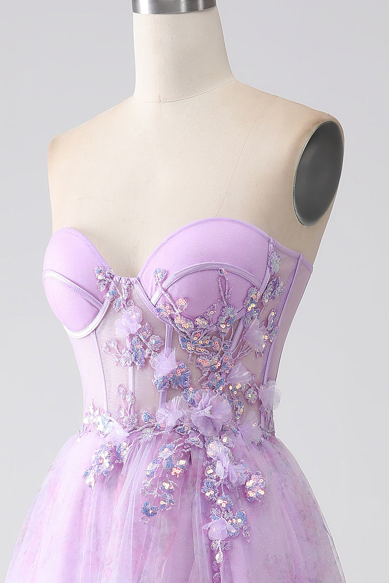 Load image into Gallery viewer, Lavender Printed Strapless Corset Prom Dress with Beading