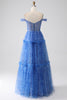 Load image into Gallery viewer, Blue Printed A Line Tulle Corset Prom Dress