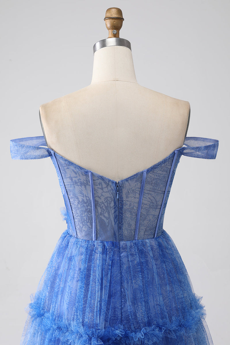 Load image into Gallery viewer, Blue Printed A Line Tulle Corset Prom Dress