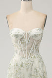 Green A Line Strapless Printed Corset Prom Dress with Slit