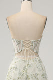 Green A Line Strapless Printed Corset Prom Dress with Slit