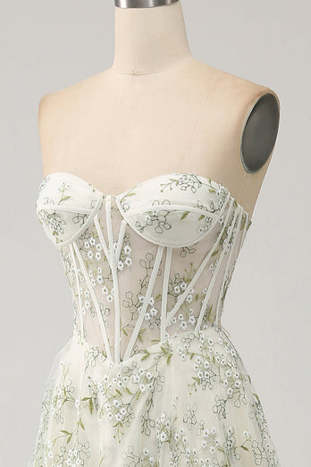 A-Line Light Green Corset Prom Dress with Embroidery