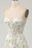 Green A Line Strapless Printed Corset Prom Dress with Slit