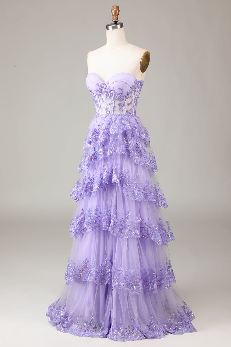 Load image into Gallery viewer, Lavender Strapless Tiered Tulle Corset Prom Dress with Appliques