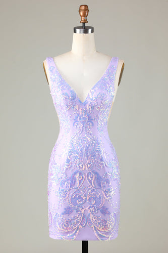 Lavender Sparkly Tight Homecoming Dress with Backless