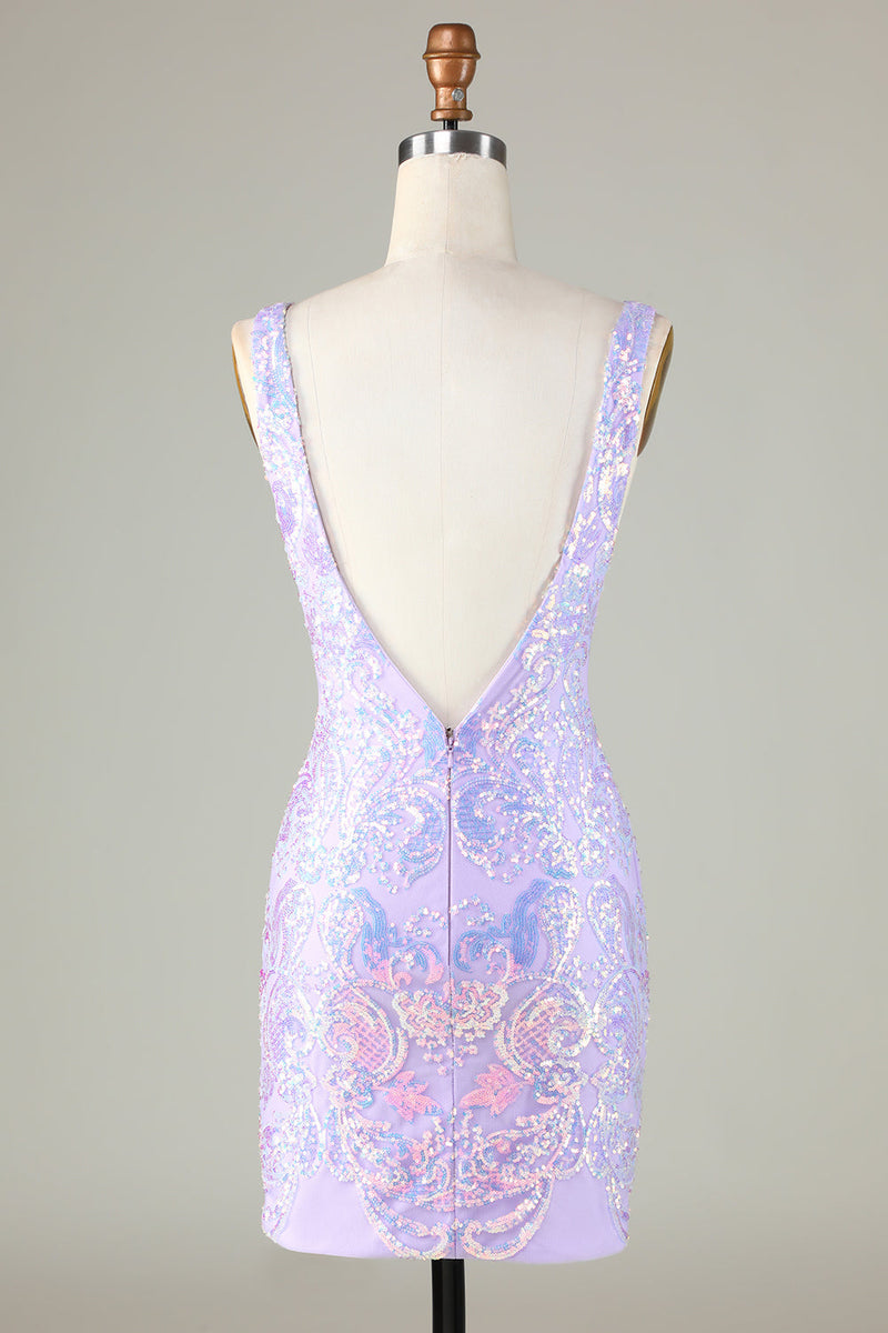 Load image into Gallery viewer, Lavender Sparkly Tight Homecoming Dress with Backless