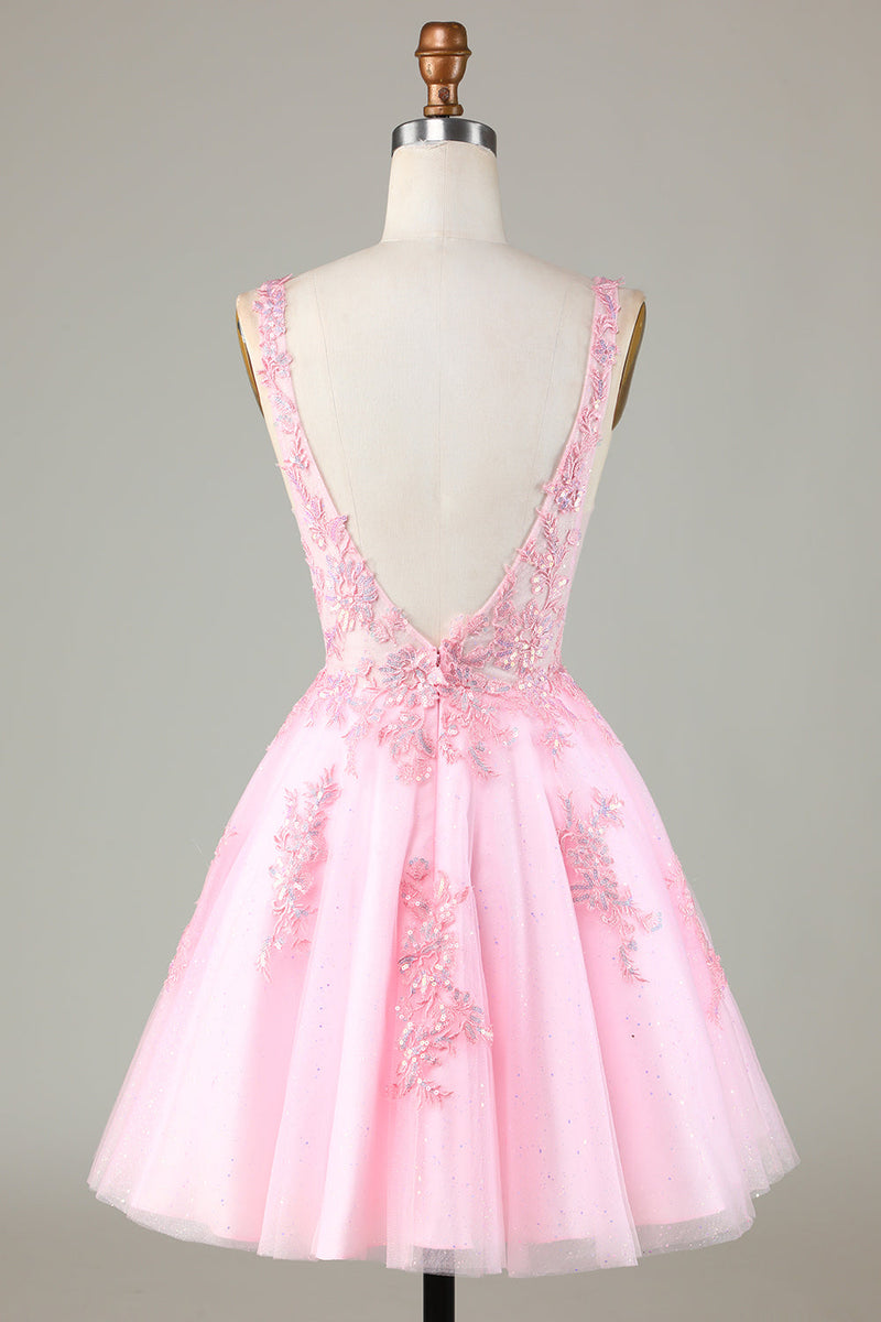 Load image into Gallery viewer, Pink Glitter Cute Homecoming Dress with Appliques