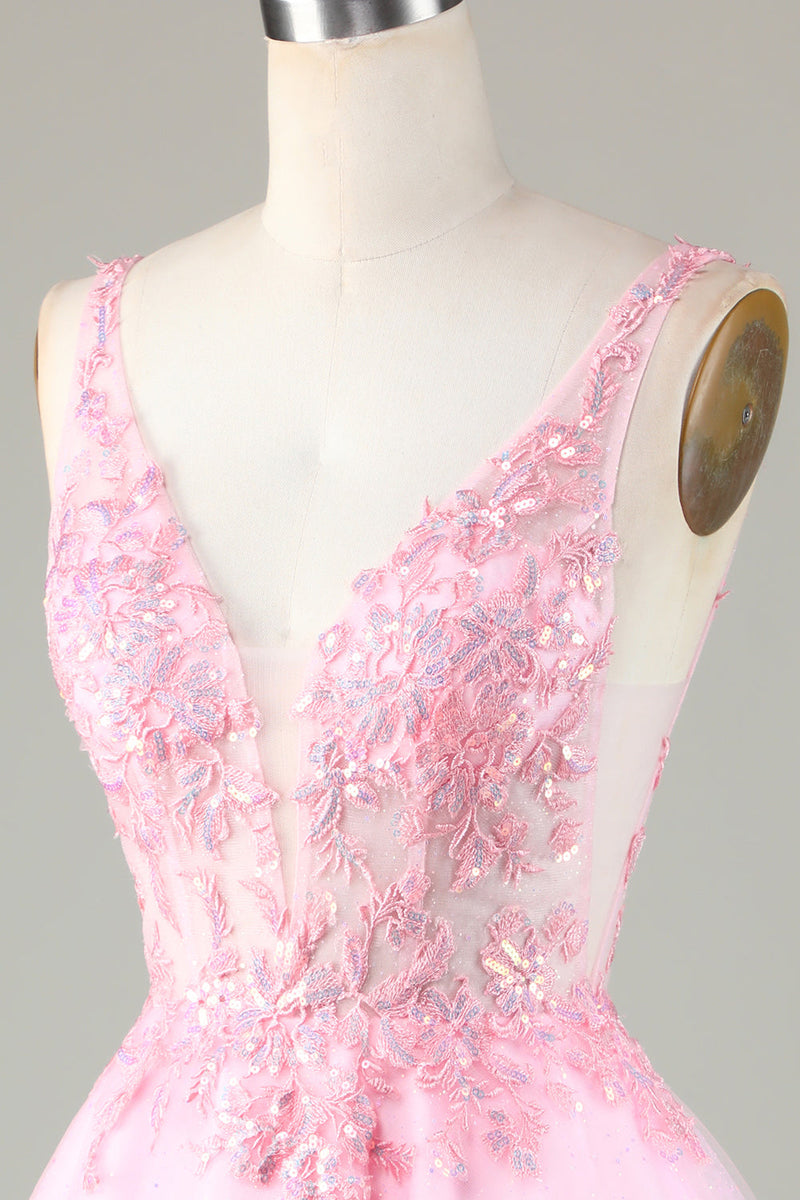 Load image into Gallery viewer, Pink Glitter Cute Homecoming Dress with Appliques