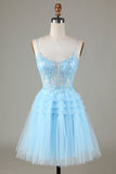 Blue Glitter Cute Homecoming Dress with Appliques