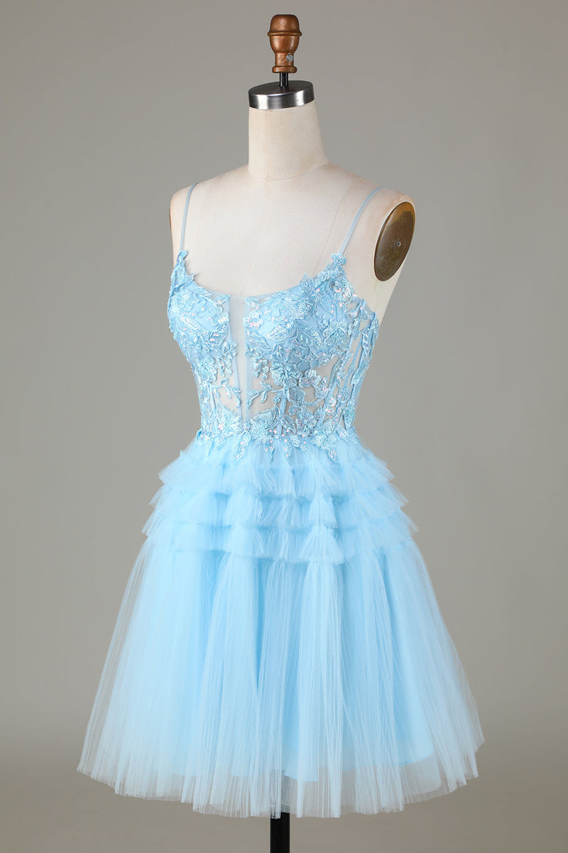 Load image into Gallery viewer, Blue Glitter Cute Homecoming Dress with Appliques
