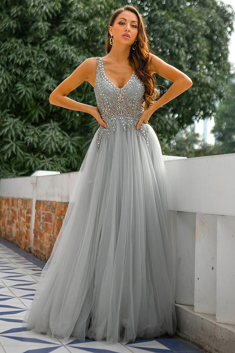 Load image into Gallery viewer, Grey V Neck Beaded Long Prom Dress