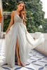 Load image into Gallery viewer, Grey V Neck Beaded Long Prom Dress