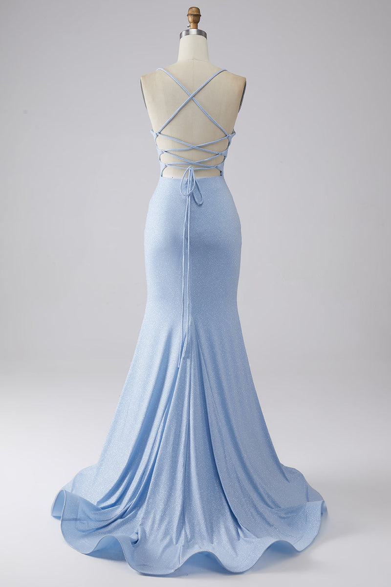 Load image into Gallery viewer, Light Blue Sparkly Mermaid Prom Dress with Slit