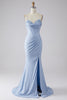 Load image into Gallery viewer, Stylish Mermaid Spaghetti Straps Light Blue Corset Prom Dress with Split Front