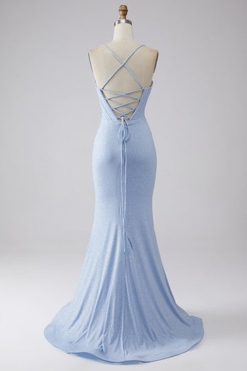 Stylish Mermaid Spaghetti Straps Light Blue Corset Prom Dress with Split Front