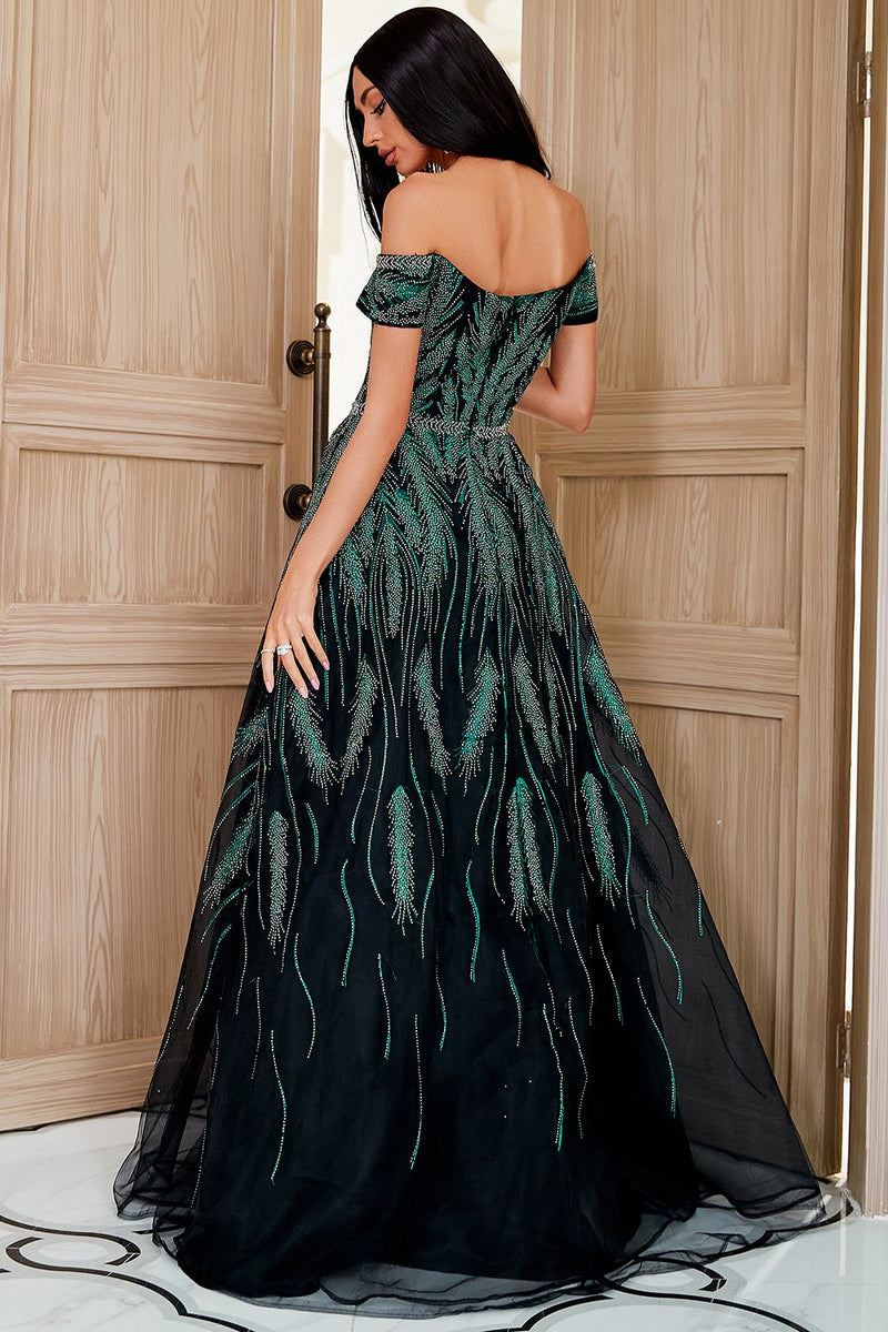 Load image into Gallery viewer, A Line Off the Shoulder Dark Green Party Dress Embroidery