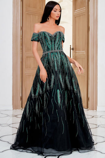 A Line Off the Shoulder Dark Green Party Dress Embroidery