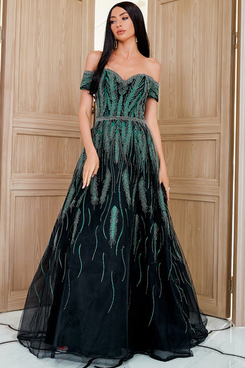 A Line Off the Shoulder Dark Green Party Dress Embroidery