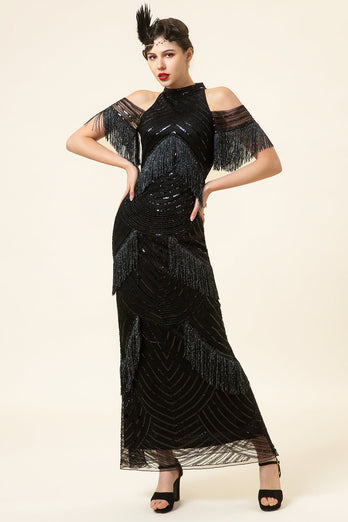 Sparkly Black Beaded Long Gatsby 1920s Dress with Fringes