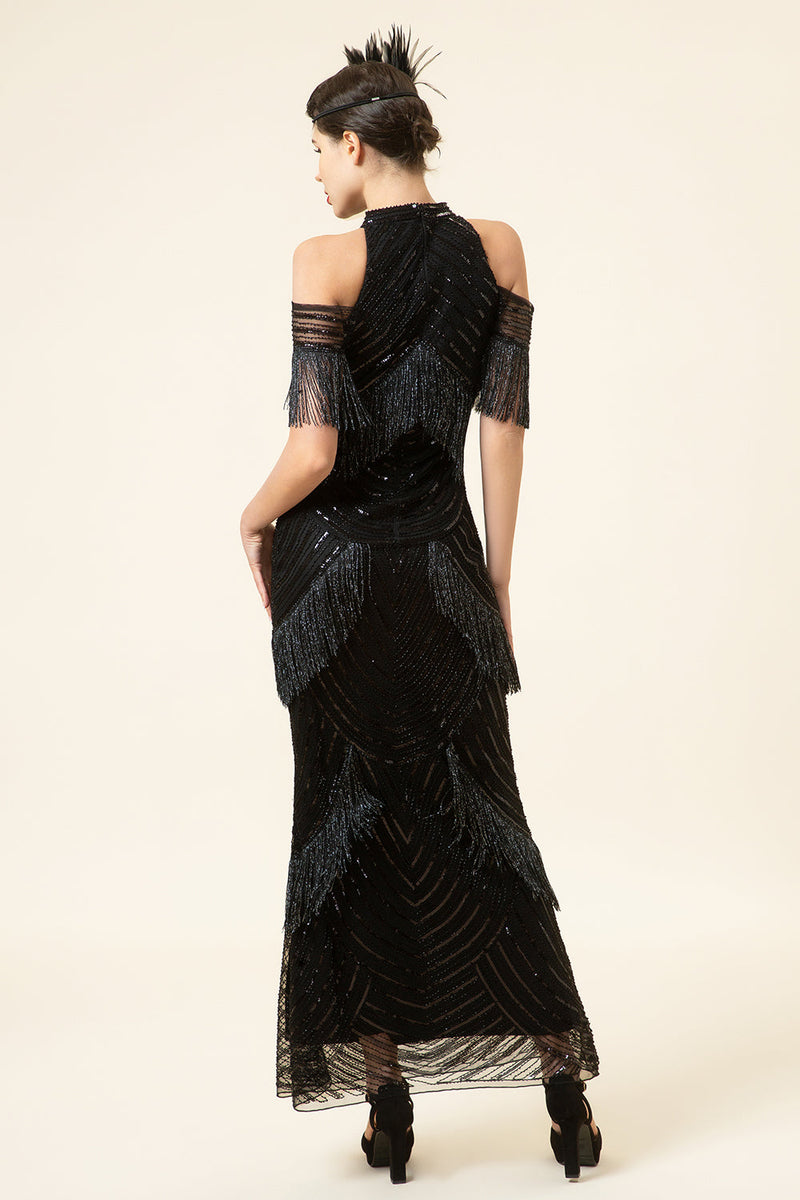 Load image into Gallery viewer, Sparkly Black Beaded Long Gatsby 1920s Dress with Fringes