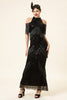 Load image into Gallery viewer, Sparkly Black Beaded Long Gatsby 1920s Dress with Fringes