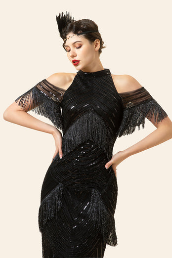 Sparkly Black Beaded Long Gatsby 1920s Dress with Fringes