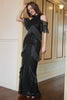 Load image into Gallery viewer, Black Halter Sequin Fringe Prom Dress