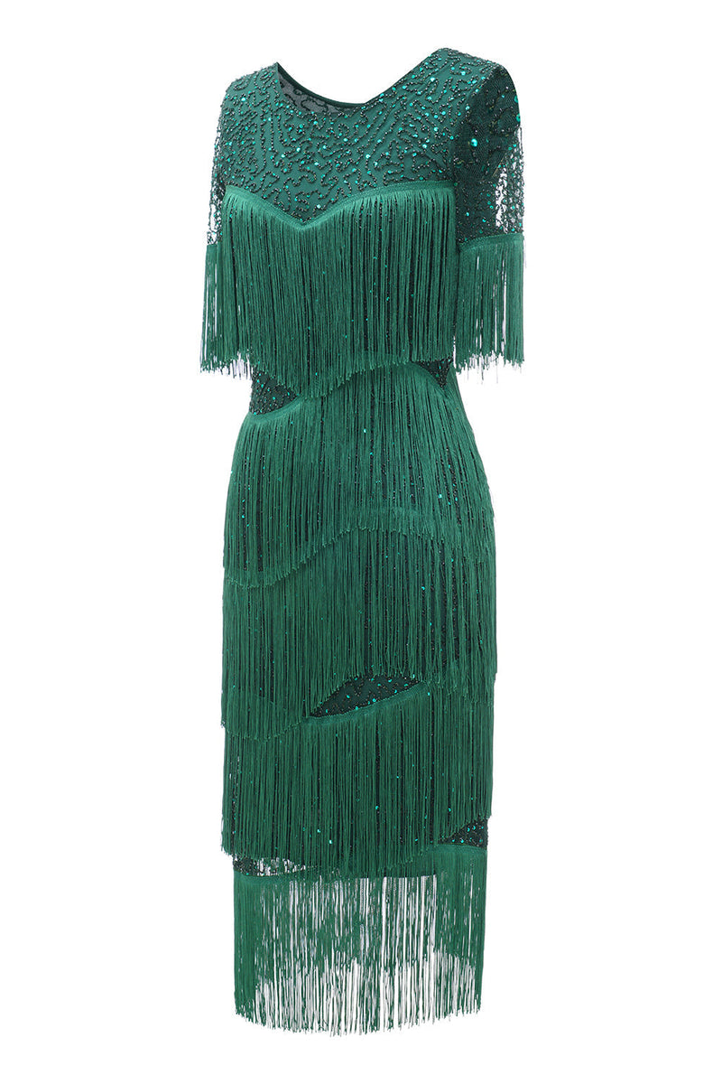 Load image into Gallery viewer, Dark Green Round Neck 1920s Dress With Fringes