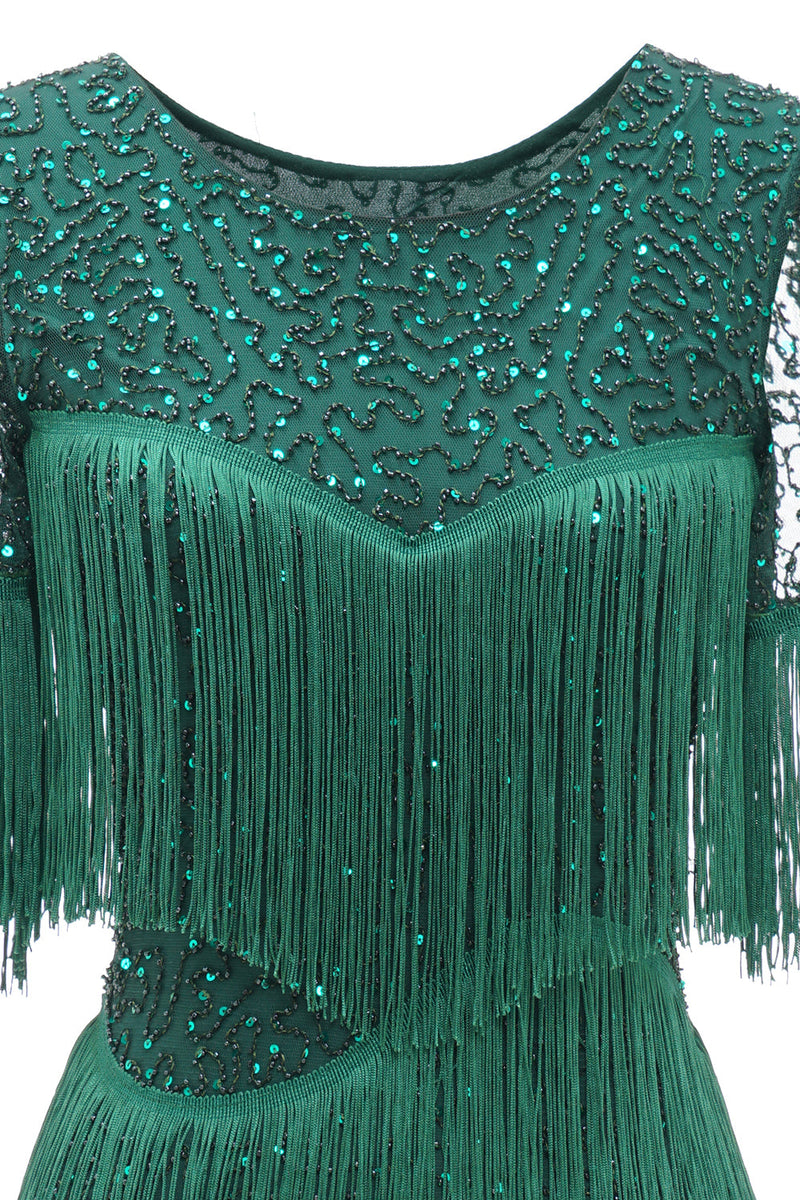 Load image into Gallery viewer, Dark Green Round Neck 1920s Dress With Fringes