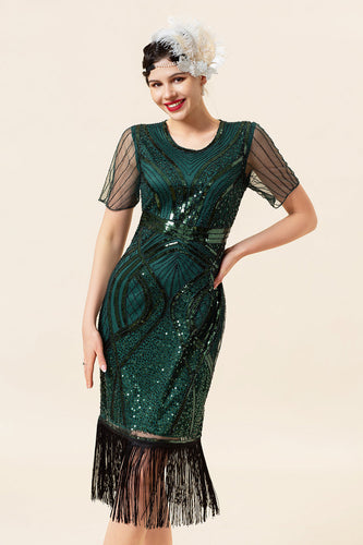 Sheath Round Neck Dark Green Beaded 1920s Flapper Dress with Tassel