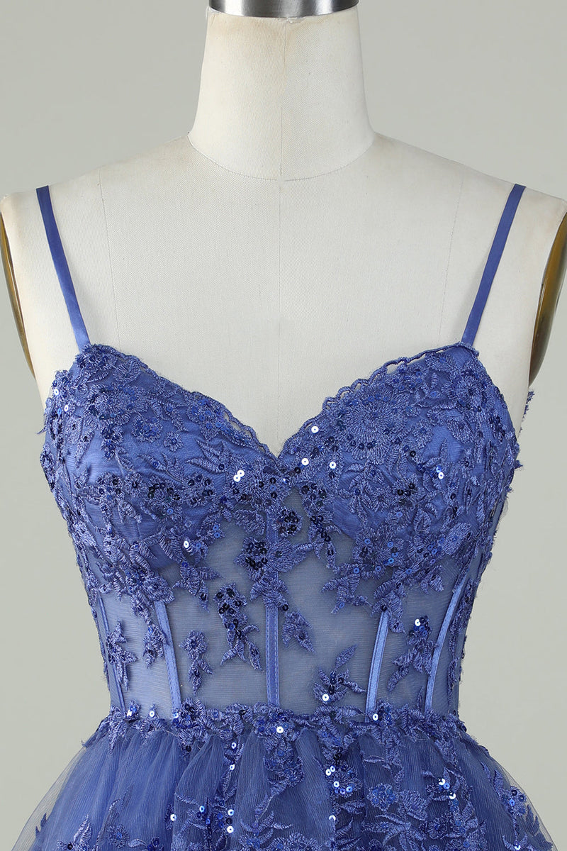 Load image into Gallery viewer, Cute A Line Spaghetti Straps Dark Blue Sparkly Corset Homecoming Dress