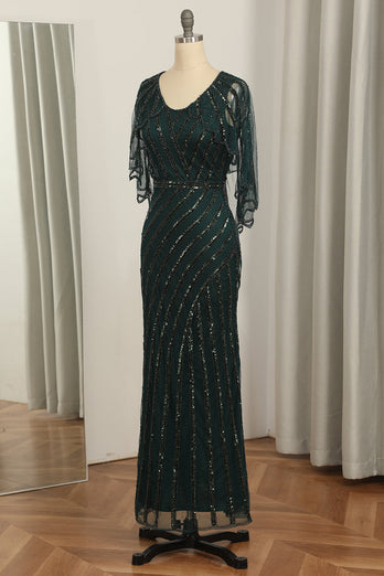 Dark Green Sequined Scoop Neck Long 1920s Dress