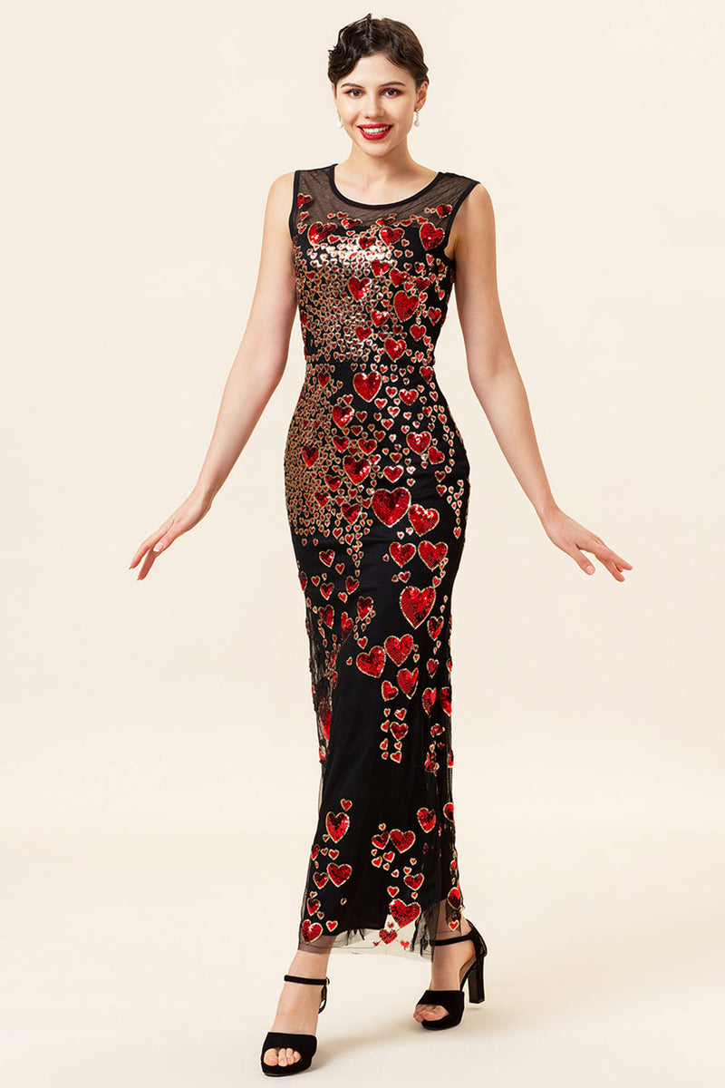 Load image into Gallery viewer, Sheath Round Neck Black Red Love Heart Beaded Long Flapper 1920s Dress
