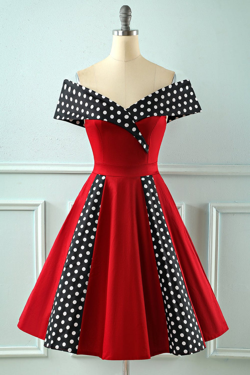 Load image into Gallery viewer, Off Shoulder Red Polka Dots Vintage 1950s Dress