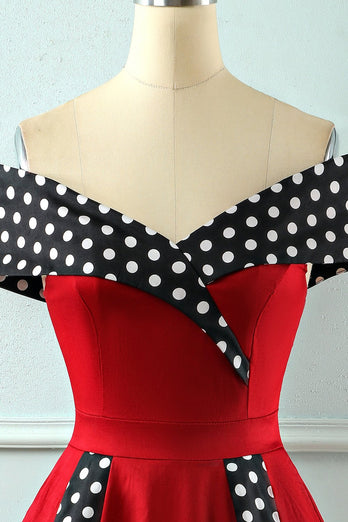 Off Shoulder Red Polka Dots Vintage 1950s Dress