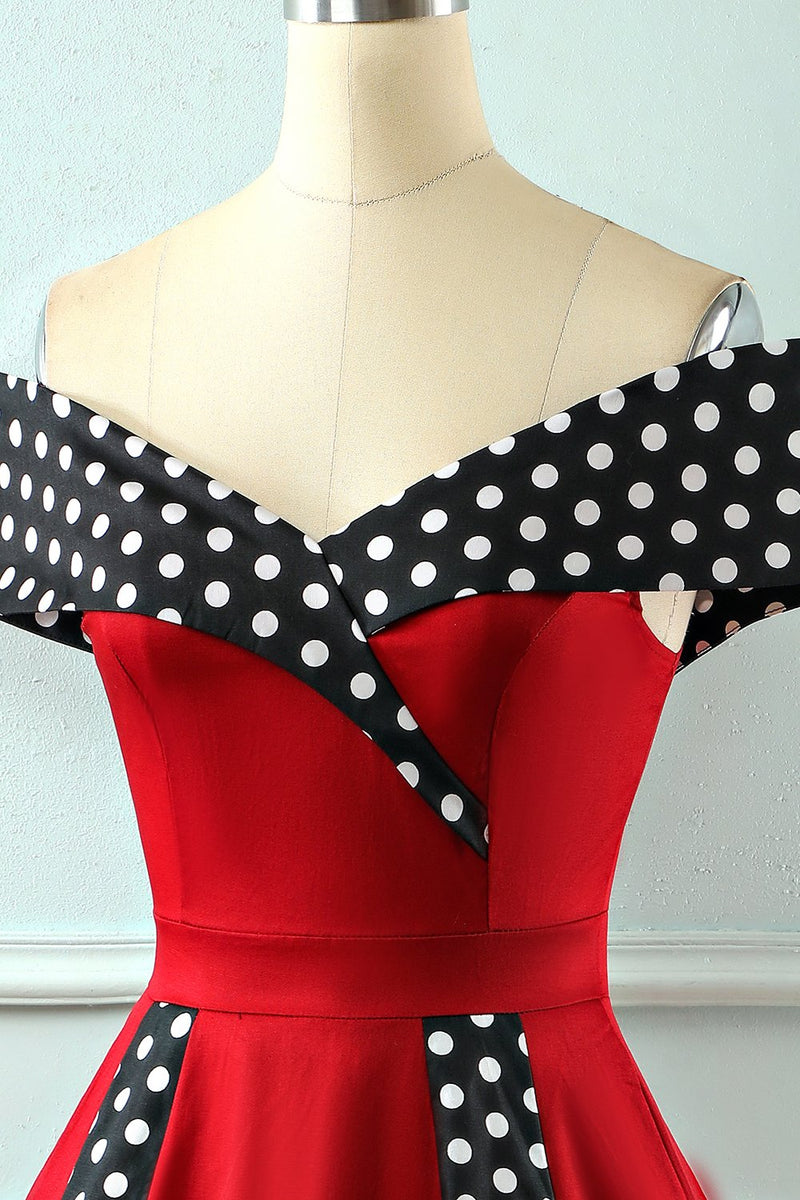 Load image into Gallery viewer, Off Shoulder Red Polka Dots Vintage 1950s Dress