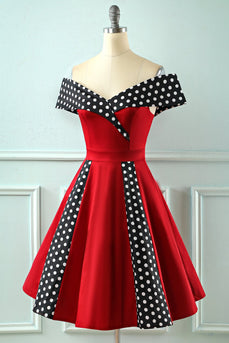 Off Shoulder Red Polka Dots Vintage 1950s Dress