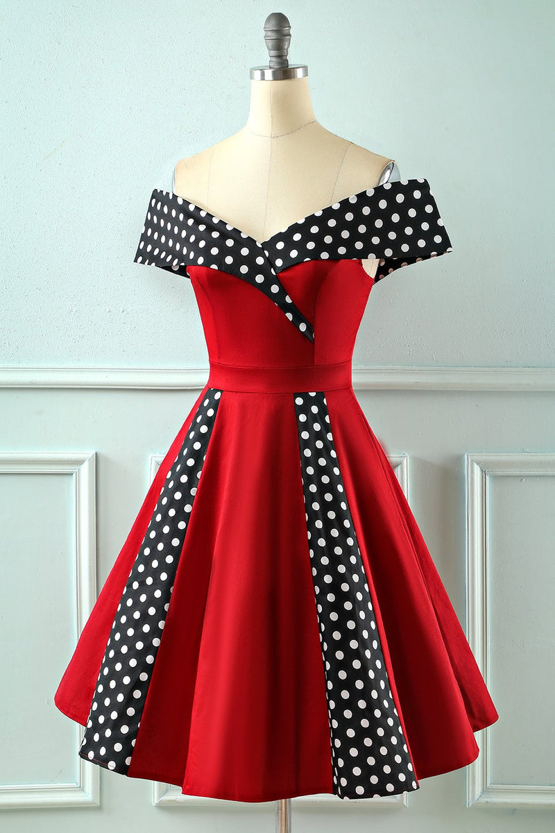 Load image into Gallery viewer, Off Shoulder Red Polka Dots Vintage 1950s Dress