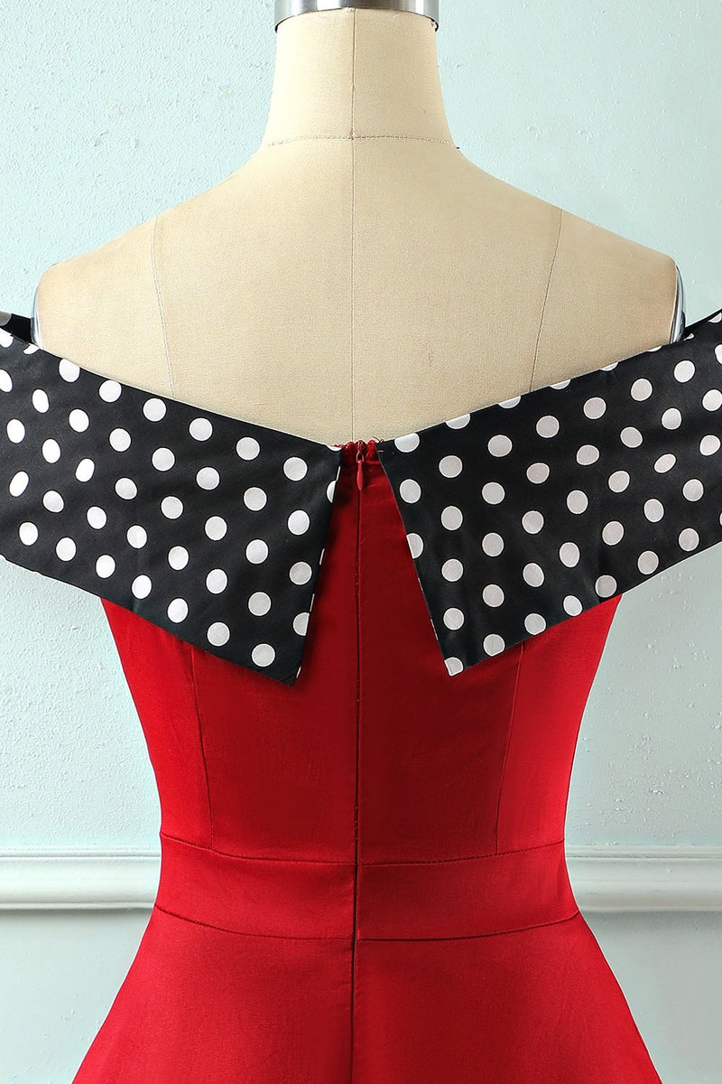 Load image into Gallery viewer, Off Shoulder Red Polka Dots Vintage 1950s Dress