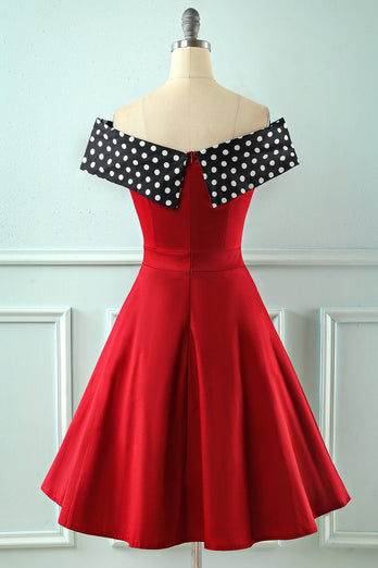 Off Shoulder Red Polka Dots Vintage 1950s Dress