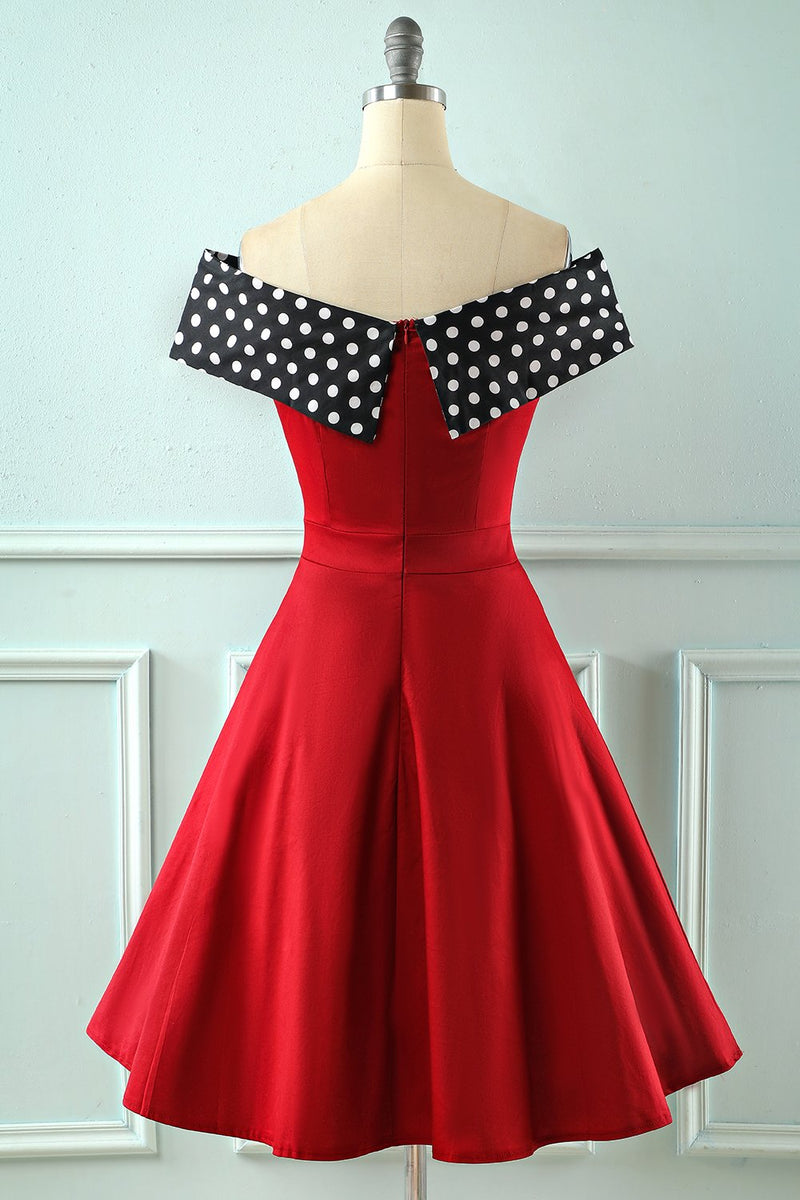 Load image into Gallery viewer, Off Shoulder Red Polka Dots Vintage 1950s Dress