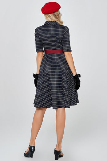 Navy Gingham Vintage 1950s Dress with Sleeves