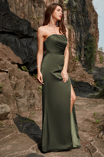 Sheath Strapless Olive Long Prom Dress with Split Front