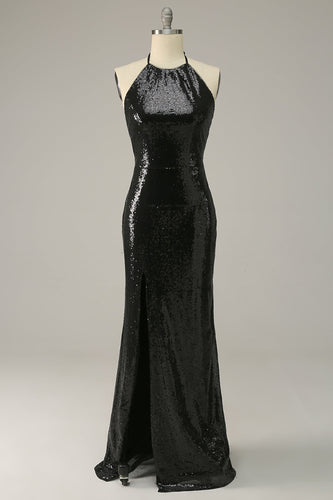 Sheath Halter Black Sequins Plus Size Prom Dress with Open Back