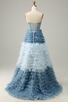 A Line Sweetheart Grey Blue Long Prom Dress with Ruffles